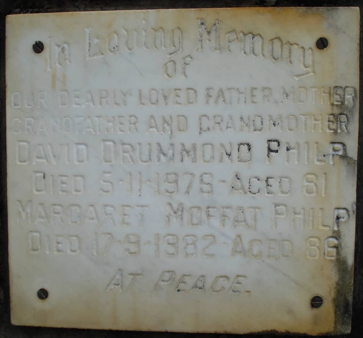 PHILP David Drummond -1976 &amp; Margaret Moffat -1982