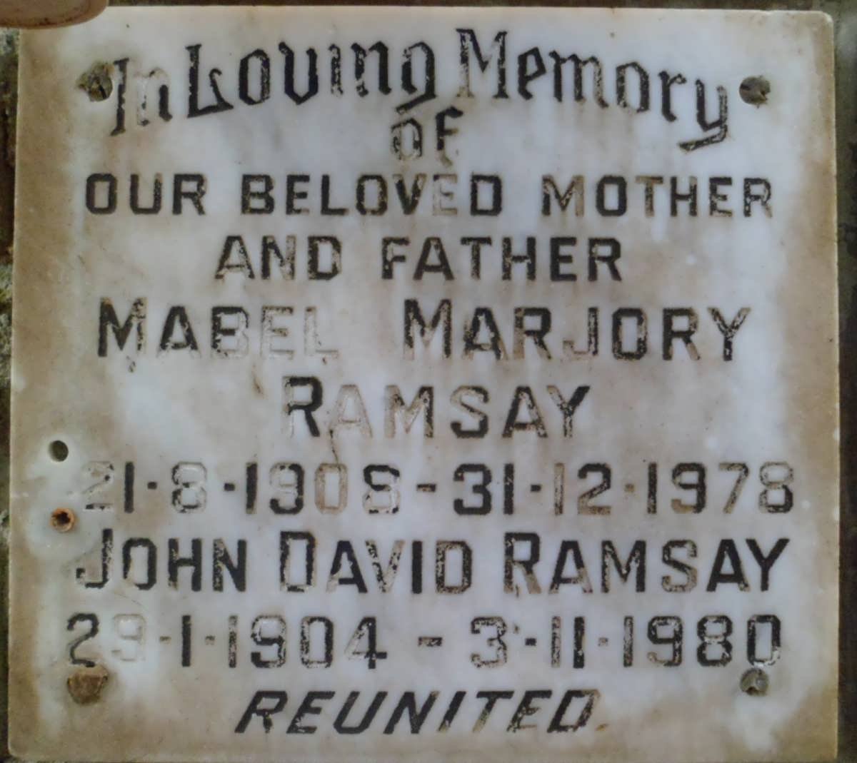 RAMSAY John David 1904-1980 &amp; Mabel Marjory 1908-1978