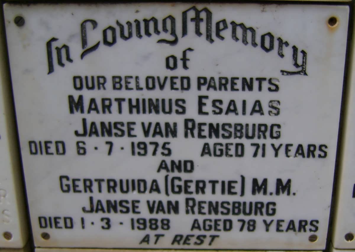 RENSBURG Marthinus Esaias, Janse van -1975 &amp; Gertruida M.M. -1988