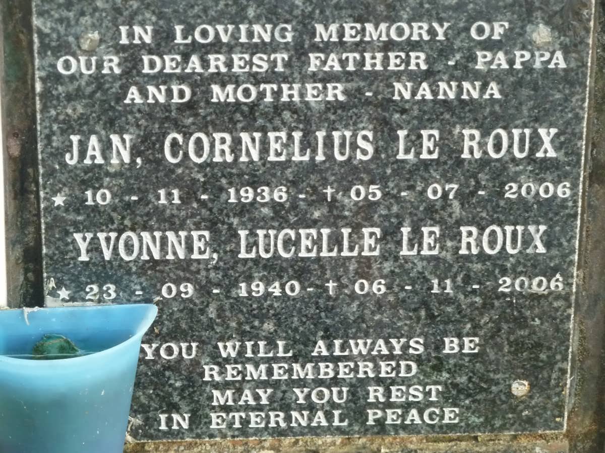 ROUX Jan Cornelius, le 1936-2006 &amp; Yvonne Lucelle 1940-2006