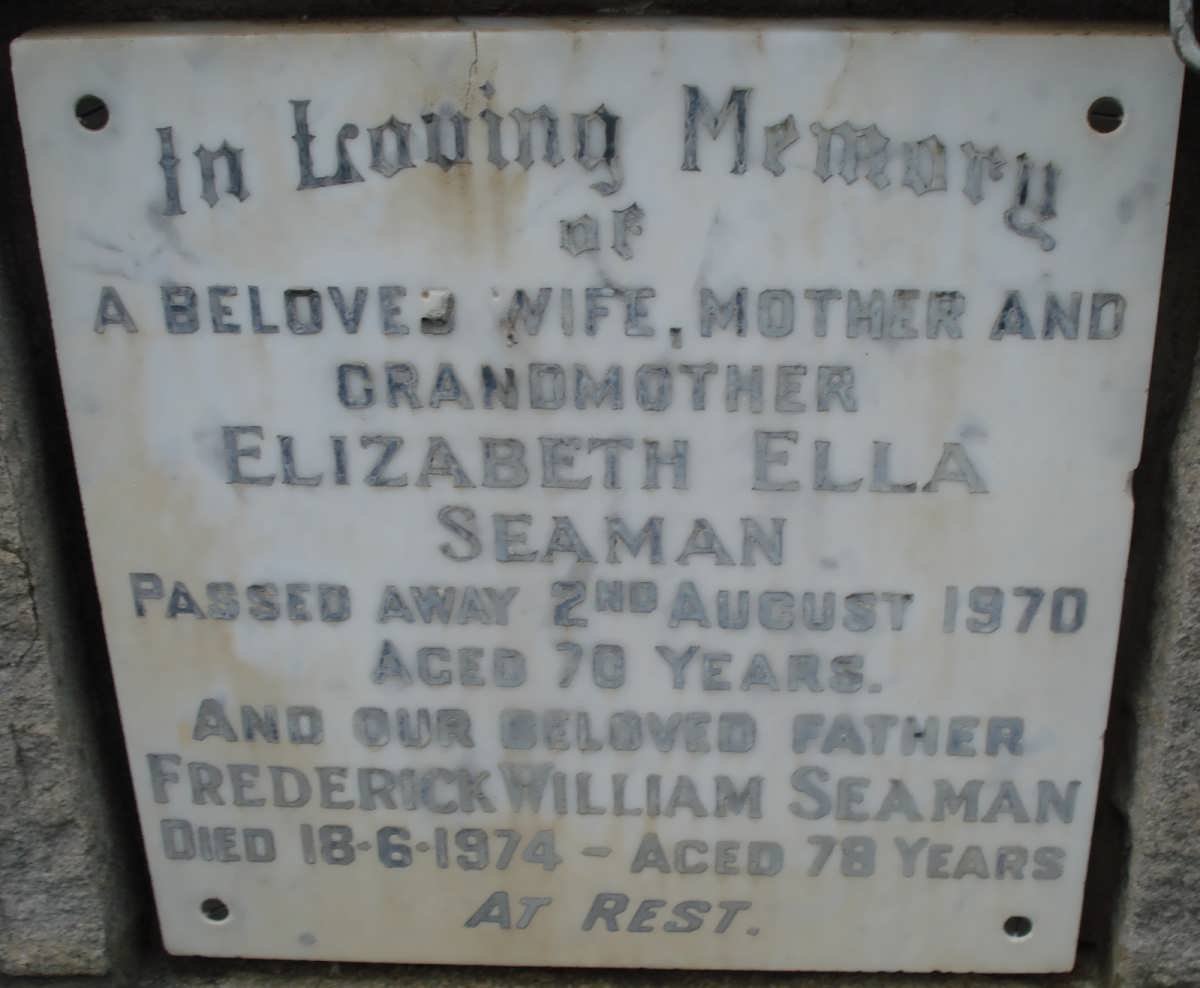 SEAMAN Frederick William -1974 &amp; Elizabeth Ella -1970