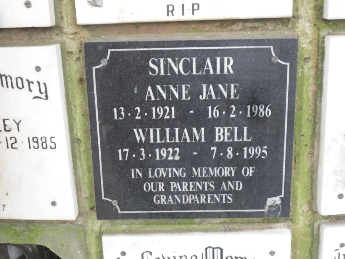 SINCLAIR William Bell 1922-1995 &amp; Anne Jane 1921-1986