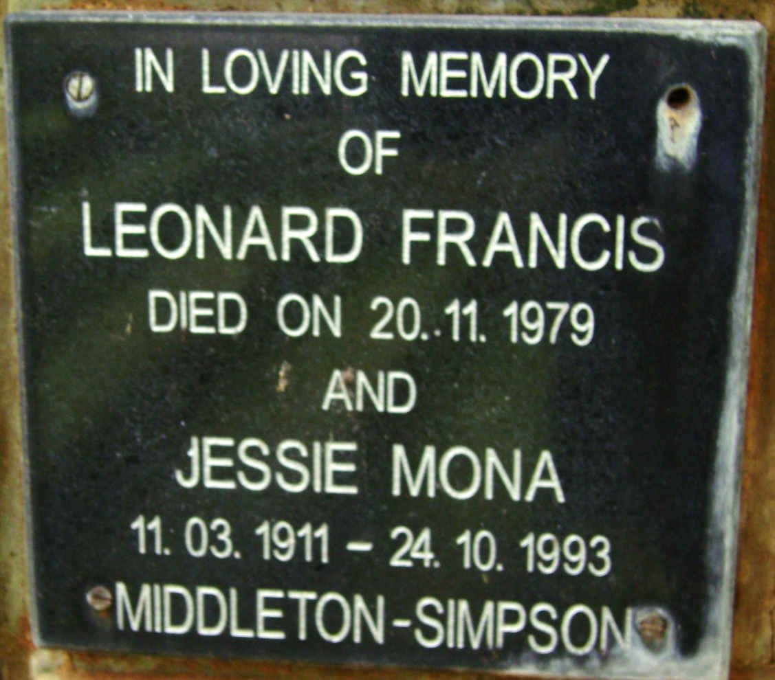 SIMPSON Leonard Francis, Middleton -1979 &amp; Jessie Mona 1911-1993