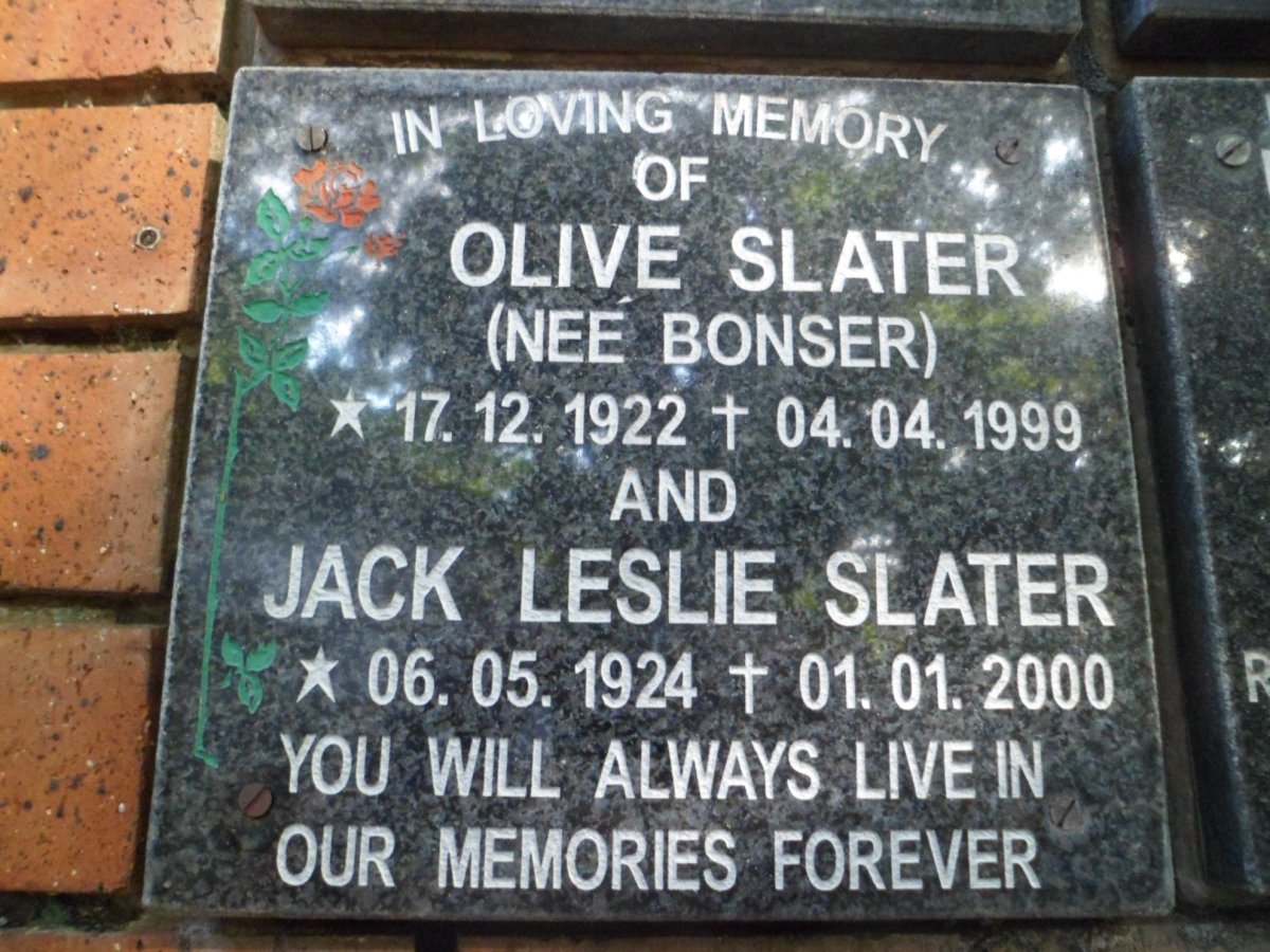 SLATER Jack Leslie 1924-2000 &amp; Olive BONSER 1922-1999