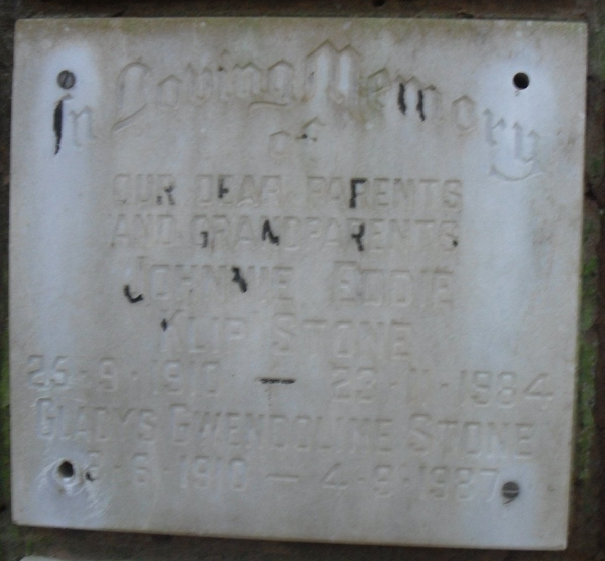 STONE Johnnie Eddie Klip 1910-1984 &amp; Gladys Gwendoline 1910-1987