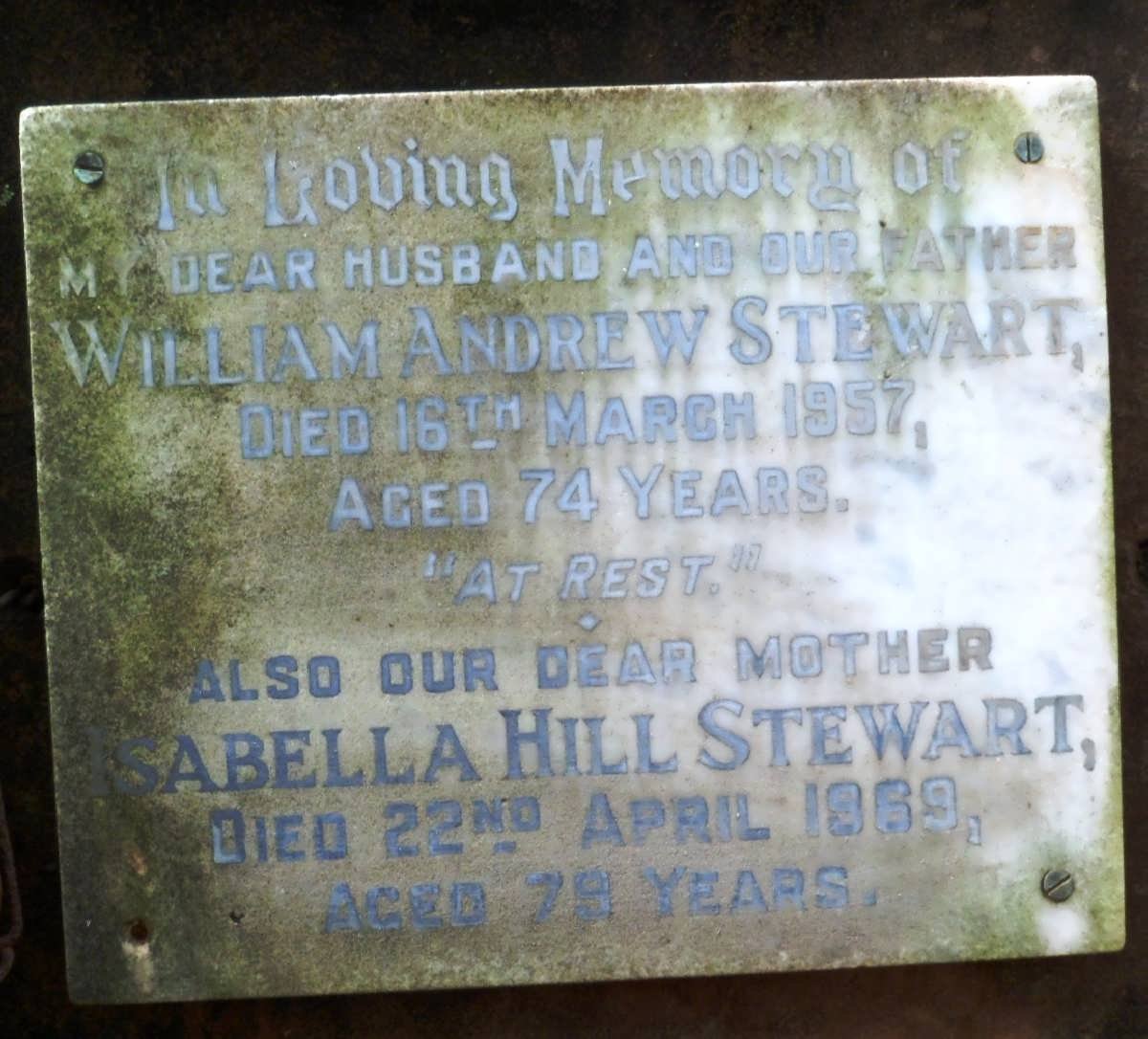 STEWART William Andrew -1957 &amp; Isabella Hill -1969