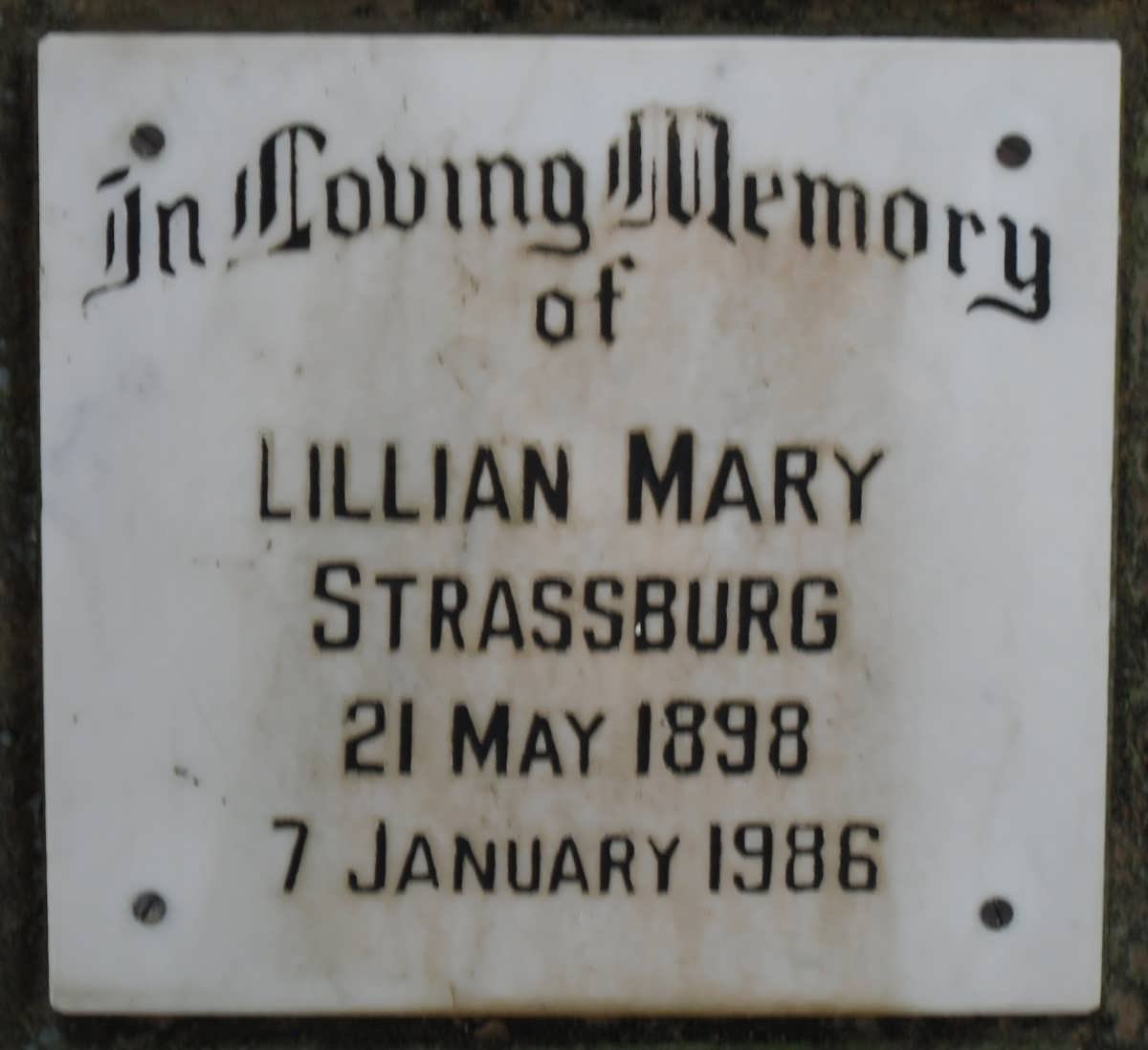 STRASSBURG Lillian Mary 1898-1986