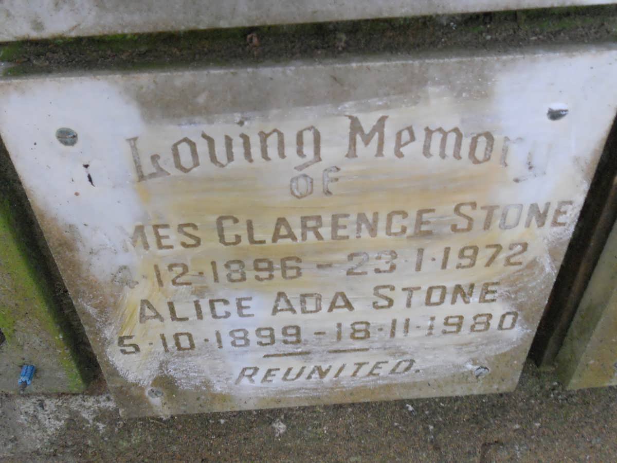 STONE James Clarence 1896-1972 &amp; Alice Ada 1899-1980