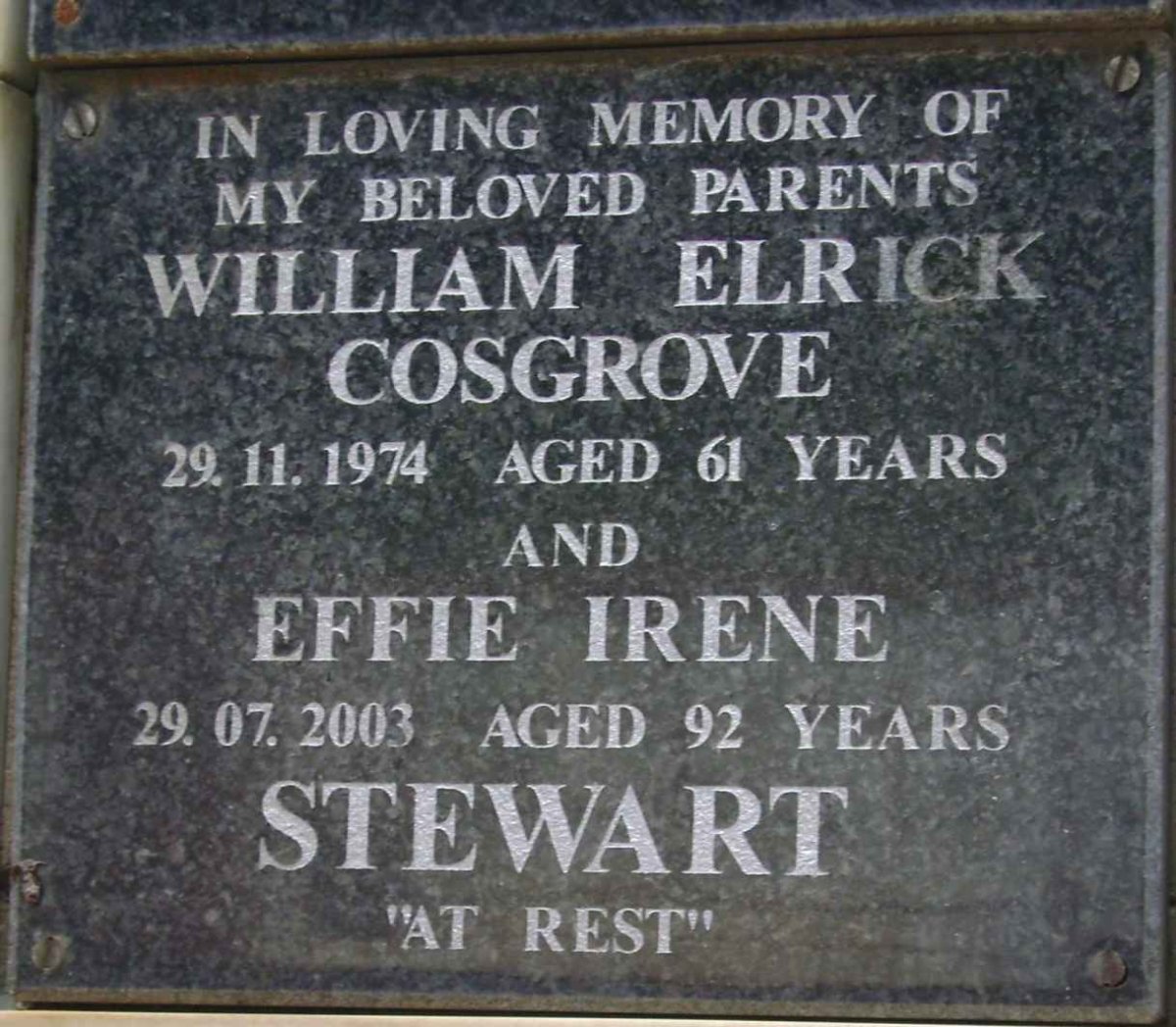 STEWART William Elrick Cosgrove -1974 &amp; Effie Irene -2003