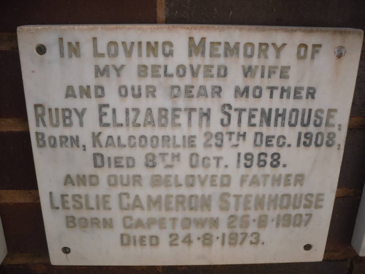 STENHOUSE Leslie Cameron 1907-1973 &amp; Ruby Elizabeth 1908-1968