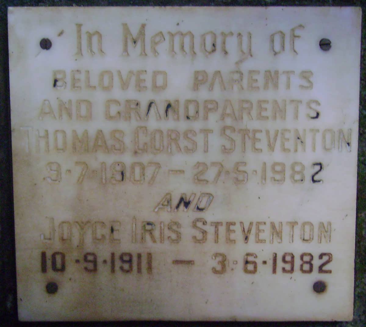 STEVENTON Thomas Gorst 1907-1982 &amp; Joyce Iris 1911-1982