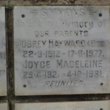 SYMONS Aubrey Hayward 1912-1977 &amp; Joyce Madeleine 1921-1981