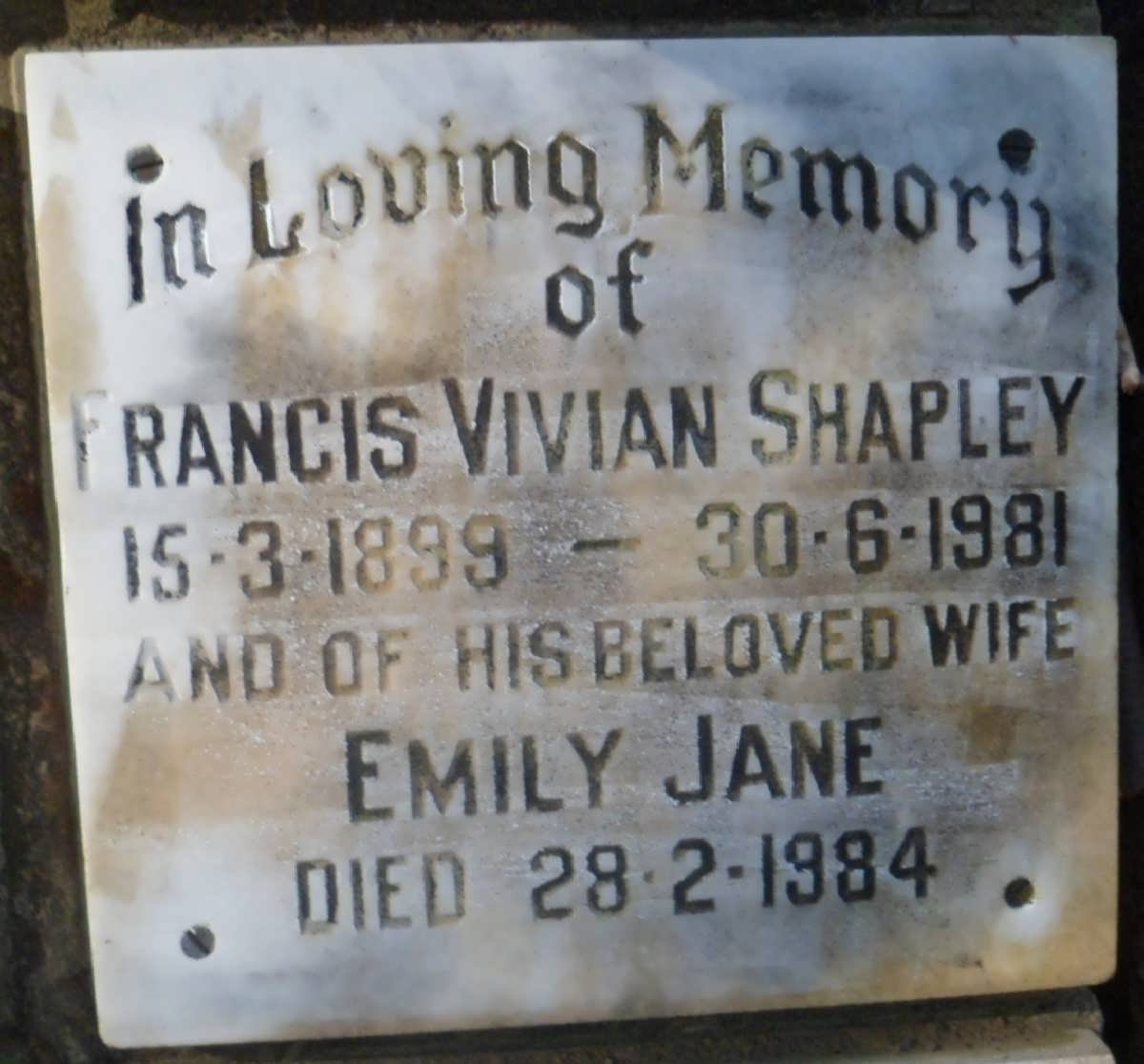 SHAPLEY Francis Vivian 1899-1981 &amp; Emily Jane -1984