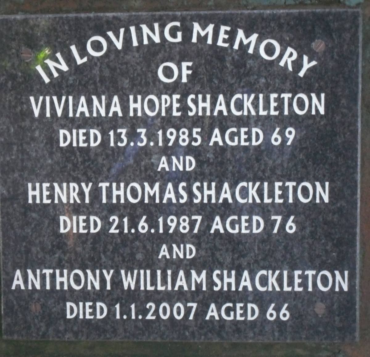 SHACKLETON Henry Thomas -1987 &amp; Viviana Hope -1985 :: SHACKLETON Anthony William -2007