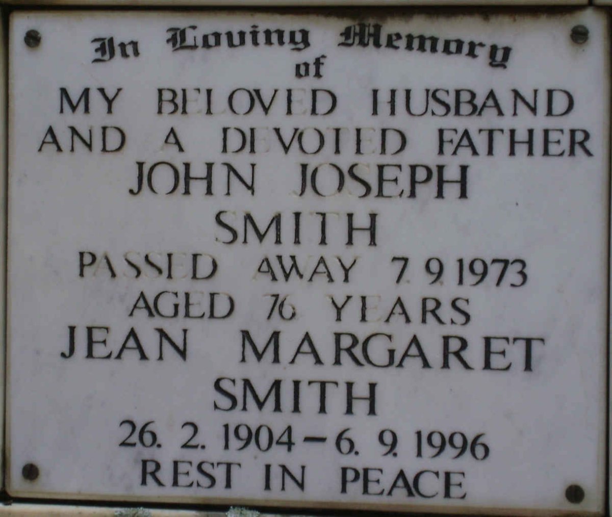 SMITH John Joseph -1973 &amp; Jean Margaret 1904-1996