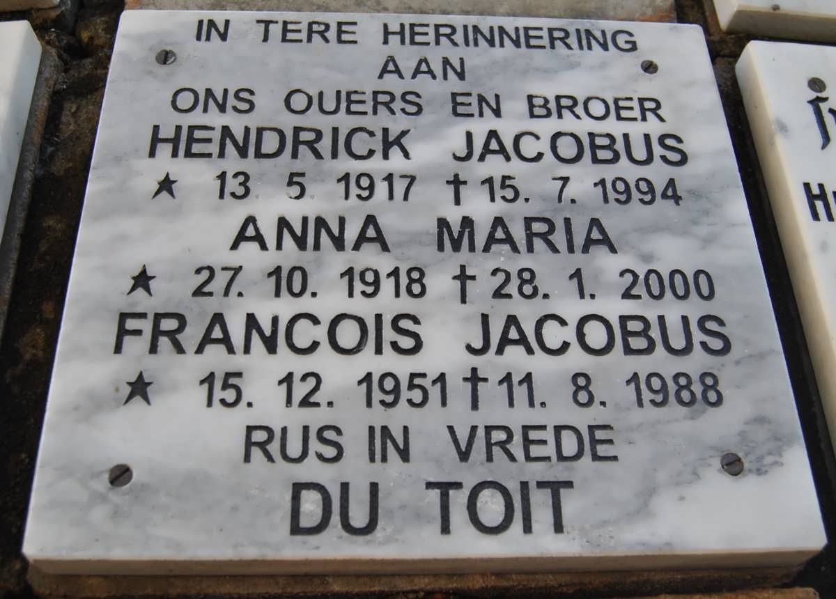 TOIT Hendrick Jacobus, du 1917-1994 &amp; Anna Maria 1918-2000 :: DU TOIT Francois Jacobus 1951-1988