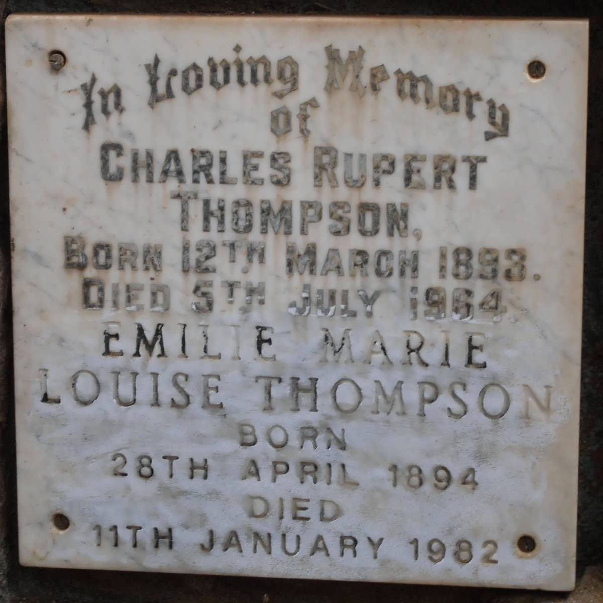 THOMPSON Charles Rupert 1893-1964 &amp; Emilie Marie Louise 1894-1982