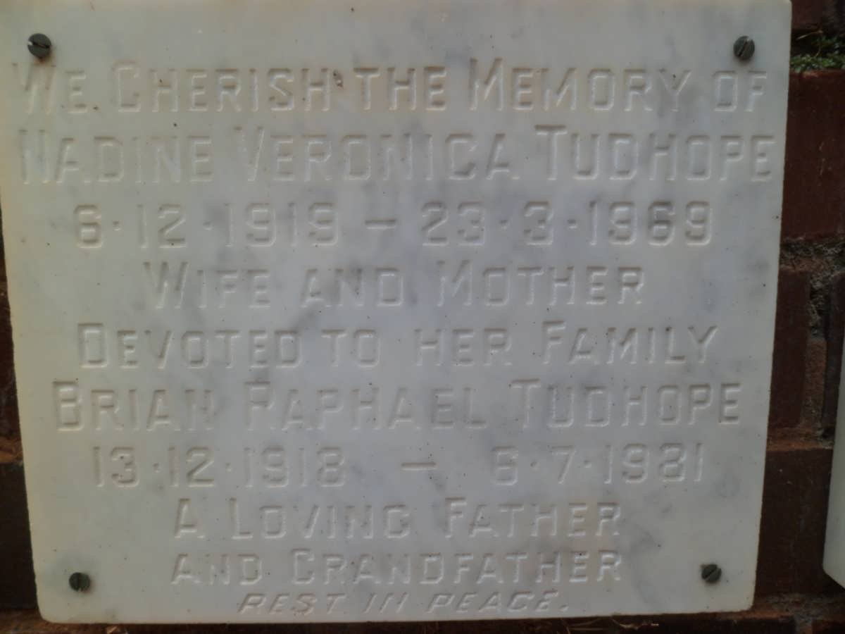 TUDHOPE Brian Raphael 1918-1981 &amp; Nadine Veronica 1919-1969