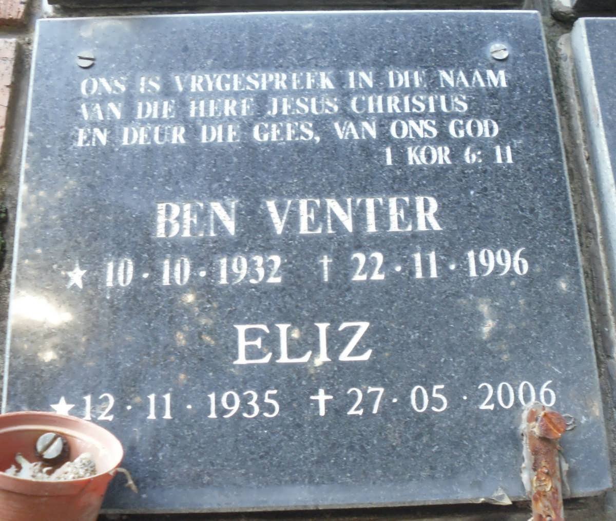 VENTER Ben 1932-1996 &amp; Eliz 1935-2006