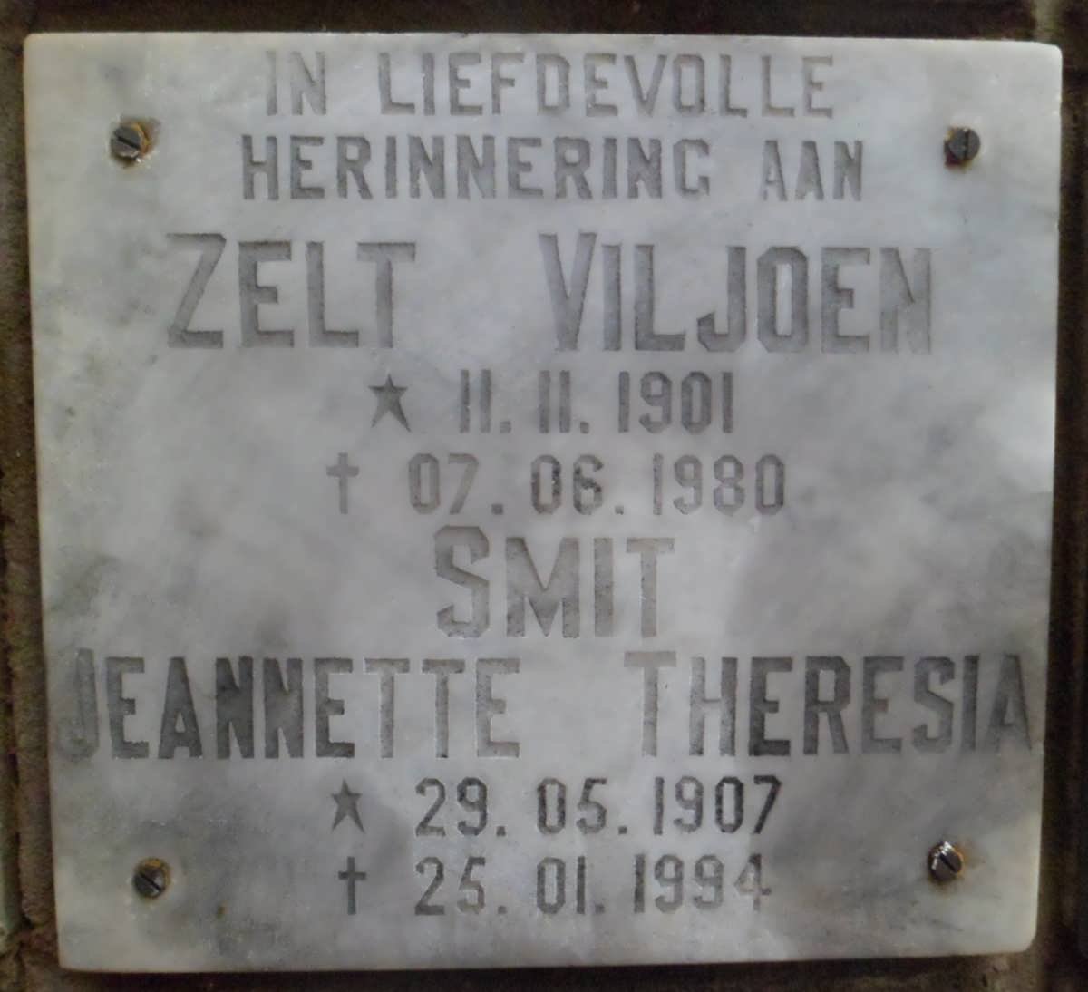 VILJOEN Zelt 1901-1980 :: SMIT Jeannette Theresia 1907-1994