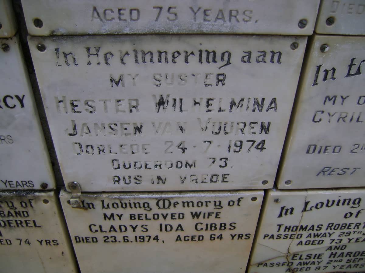 VUUREN Hester Wilhelmina, Jansen van -1974