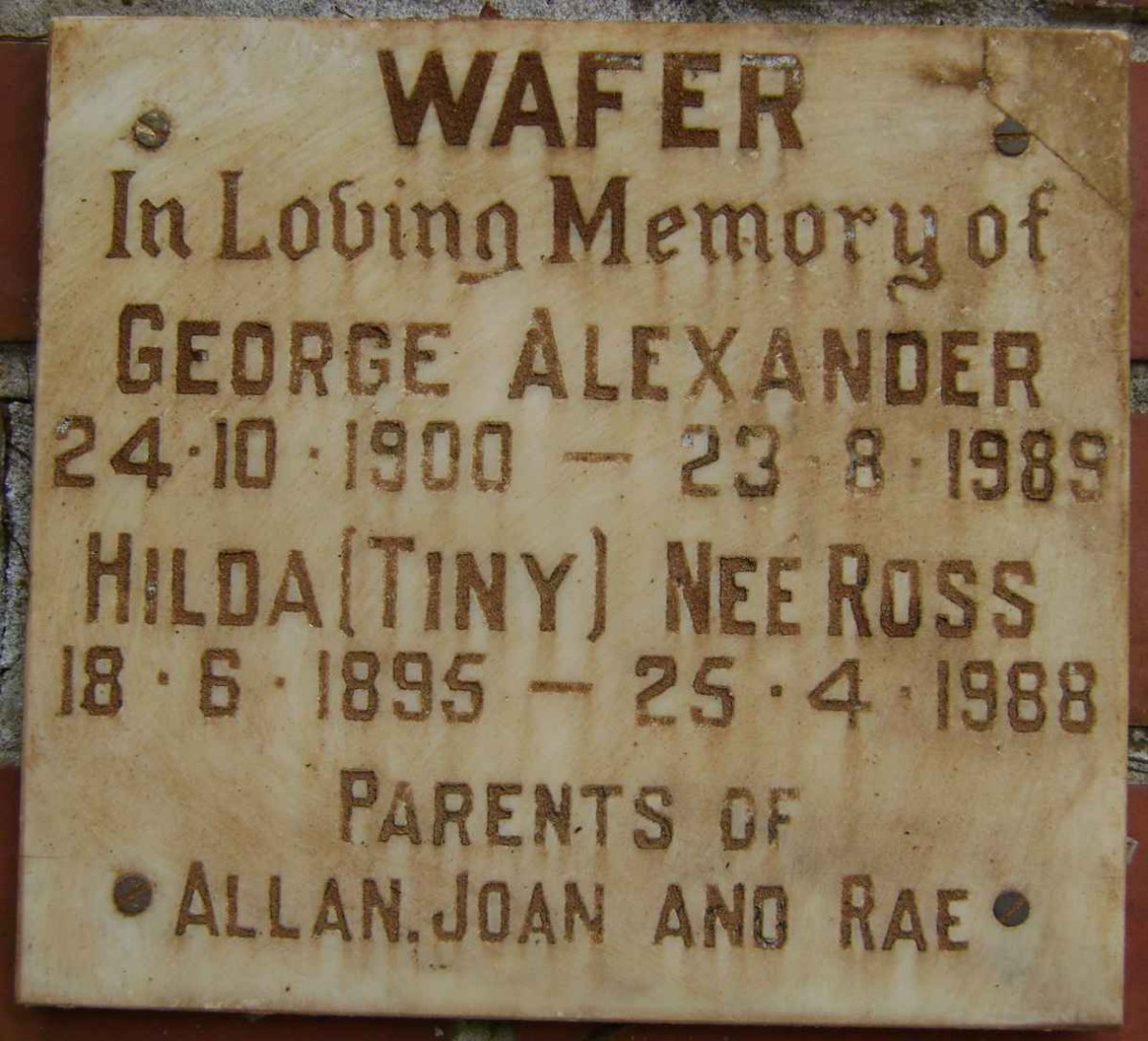 WAFER George Alexander 1900-1989 &amp; Hilda ROSS 1895-1988