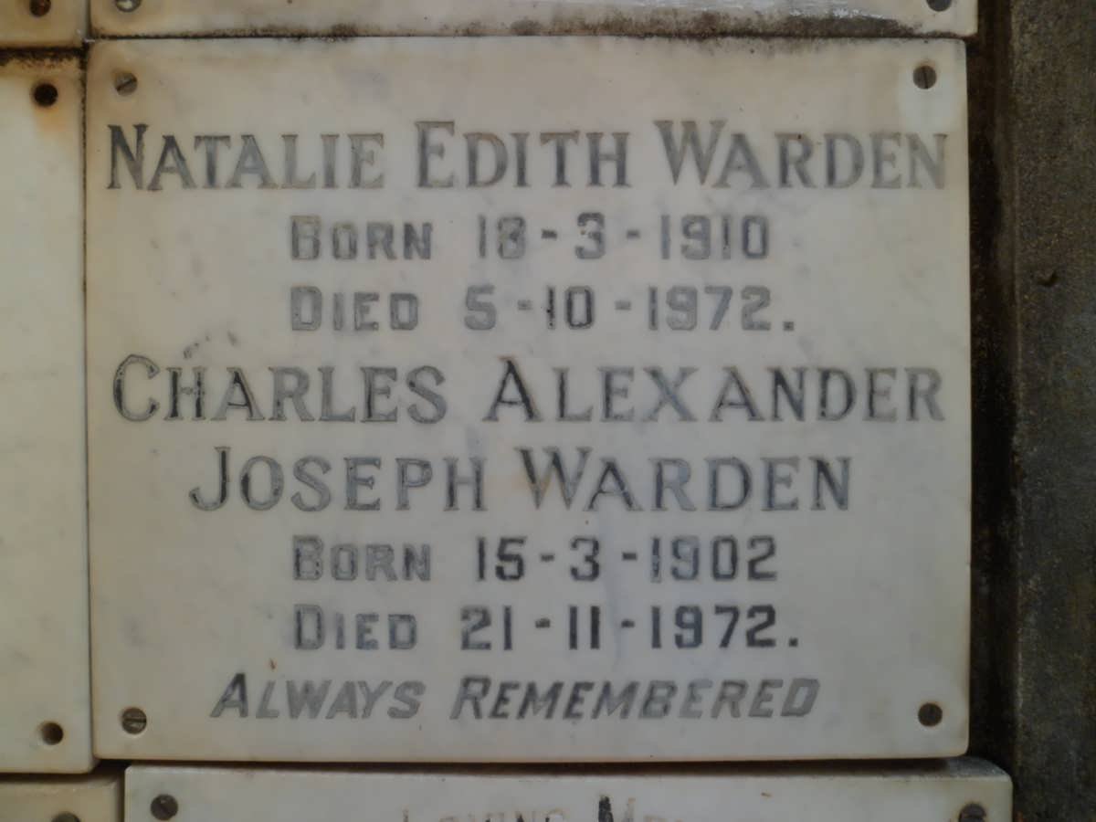 WARDEN Charles Alexander Joseph 1902-1972 &amp; Natalie Edith 1910-1972