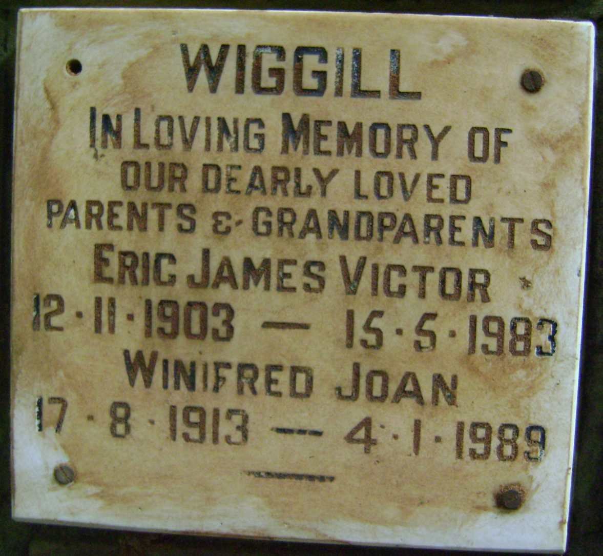 WIGGILL Eric James Victor 1903-1983 &amp; Winifred Joan 1913-1989
