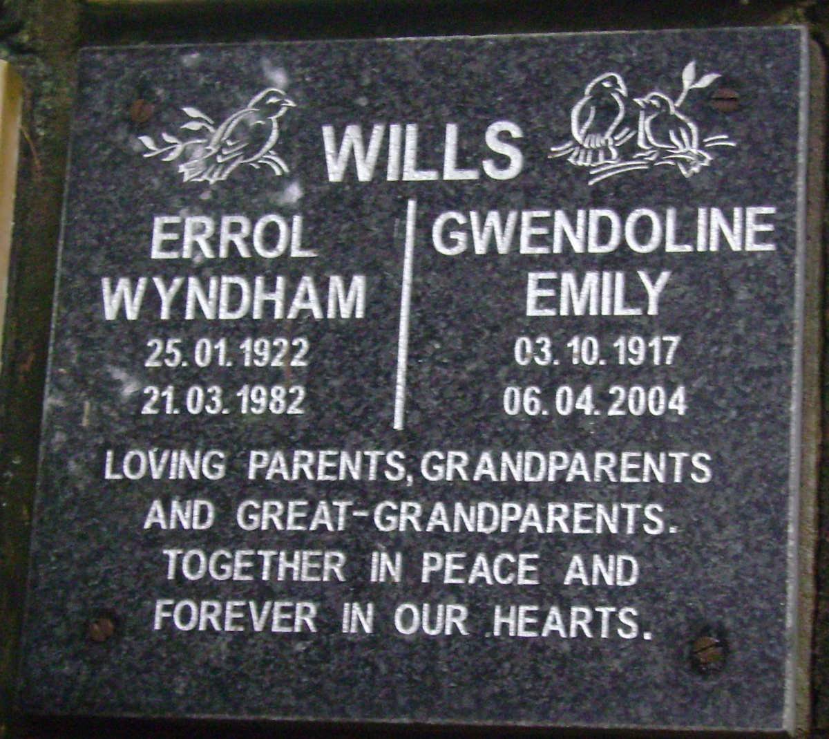 WILLS Errol Wyndham 1922-1982 &amp; Gwendoline Emily 1917-2004