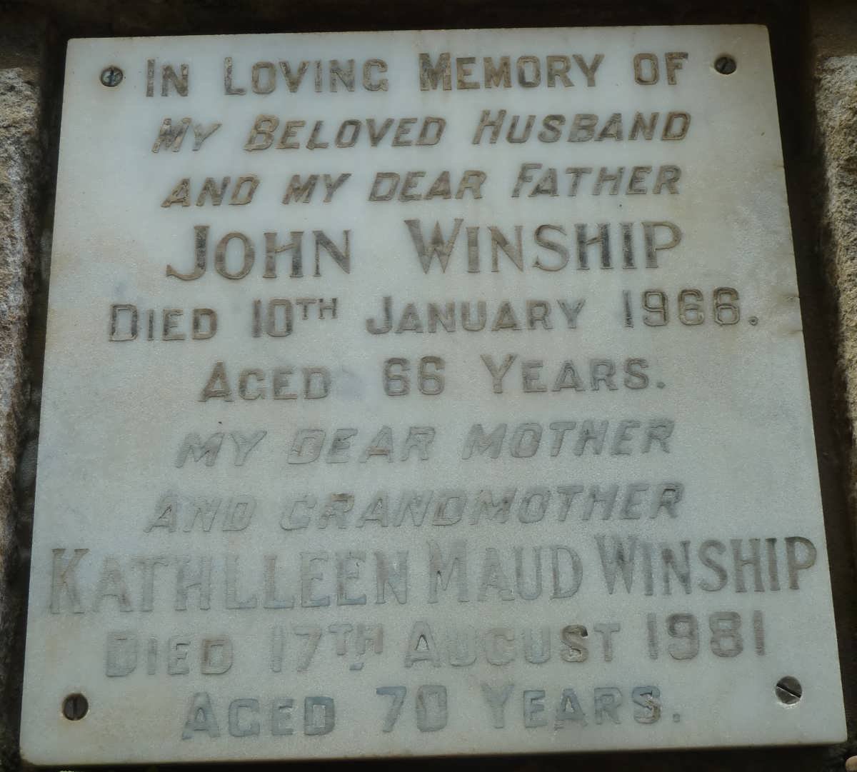 WINSHIP John -1966 &amp; Kathlleen Maud -1981