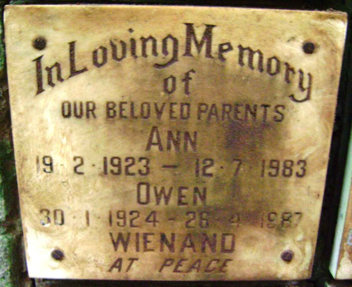 WIENAND Owen 1924-1987 &amp; Ann 1923-1983