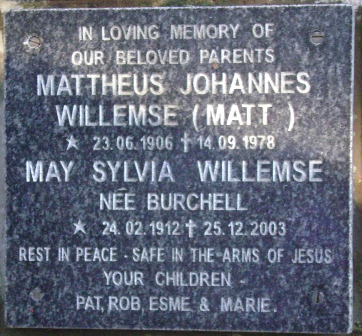 WILLEMSE Mattheus Johannes 1906-1978 &amp; May Syliva BURCHELL 1912-2003