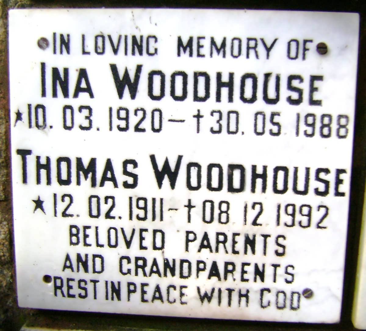WOODHOUSE Thomas 1911-1992 &amp; Ina 1920-1988