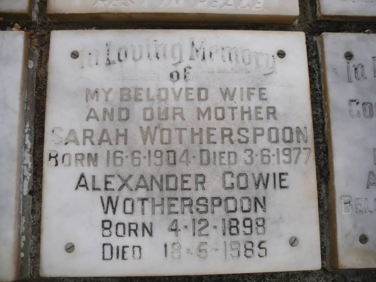 WOTHERSPOON Alexander Gowie 1898-1985 &amp; Sarah 1904-1977