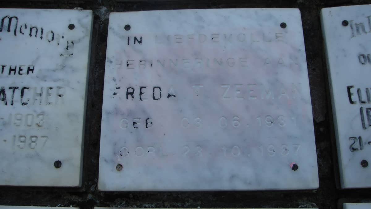 ZEEMAN Freda T. 1931-1987