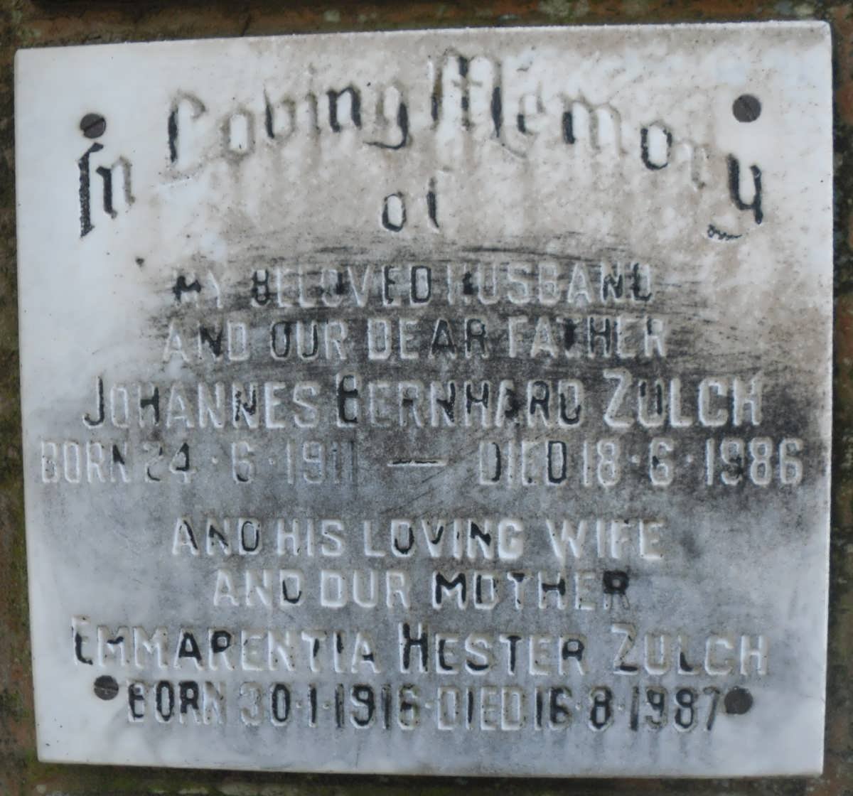 ZULCH Johannes Bernhard 1911-1986 &amp; Emmarentia Hester 1916-1987