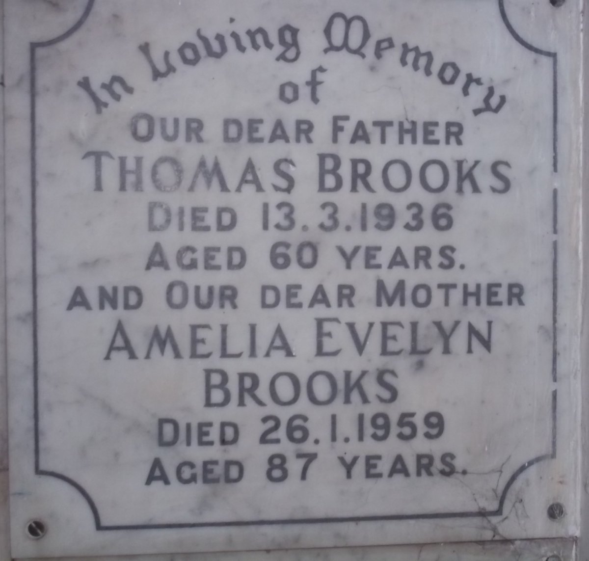 BROOKS Thomas -1936 &amp; Amelia Evelyn -1959