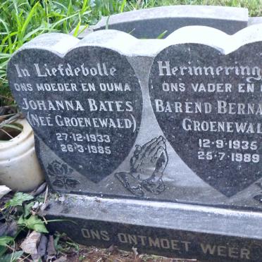 GROENEWALD Barend Bernardus 1935-1989 &amp; Johanna Bates GROENEWALD 1933-1985