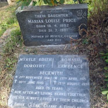 PRICE Marian Louise 1892-1981 :: BECKWITH Ronald Lawrence 1915-1990 &amp; Myrtle Edith Dorothy 1914-1990