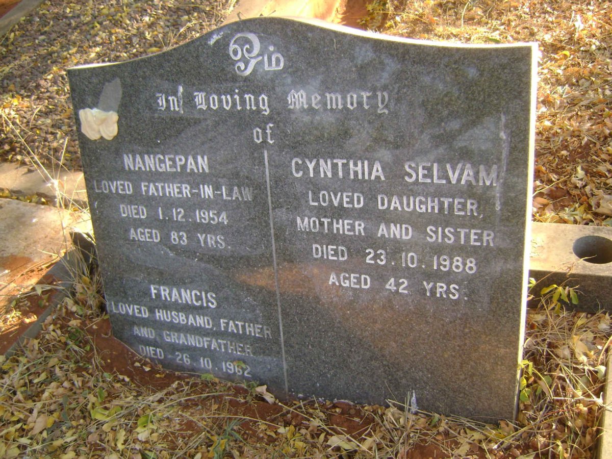GOVENDER Nangepan -1954 :: GOVENDER Francis -1962 :: GOVENDER Cynthia Selvam -1988