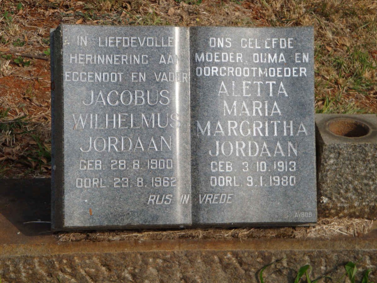 JORDAAN Jacobus Wilhelmus 1900-1962 &amp; Aletta Maria Margritha 1913-1980
