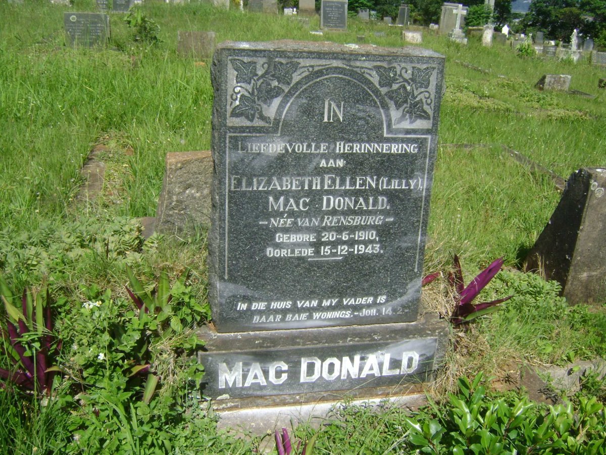 Mac DONALD Elizabeth Ellen nee van RENSBURG 1910-1943