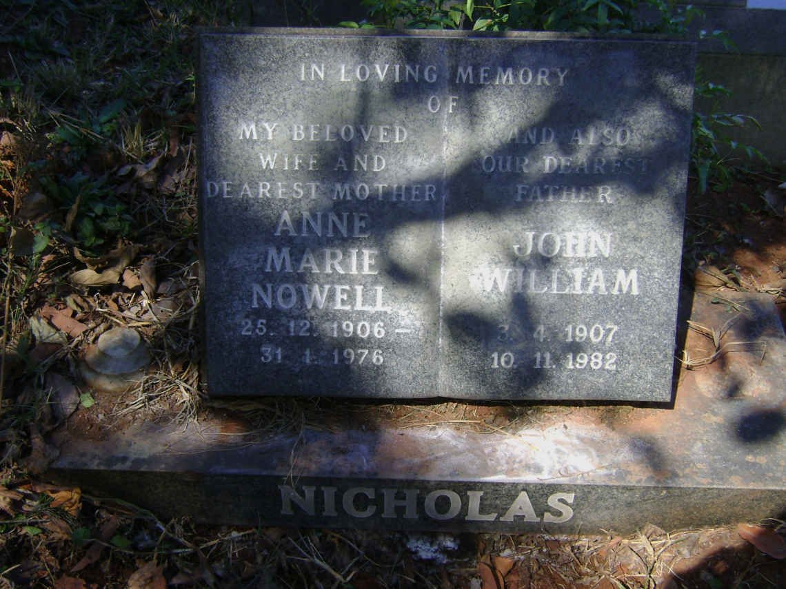 NICHOLAS John William 1907-1982 &amp; Anne Marie Nowell 1906-1976