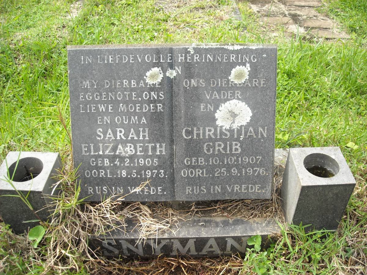 SNYMAN Christian Grib 1907-1976 &amp; Sarah Elizabeth 1905-1973