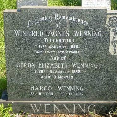 WENNING Harco 1899-1987 &amp; Winifred Agnes TITTERTON -1966 :: WENNING Gerda Elizabeth -1932