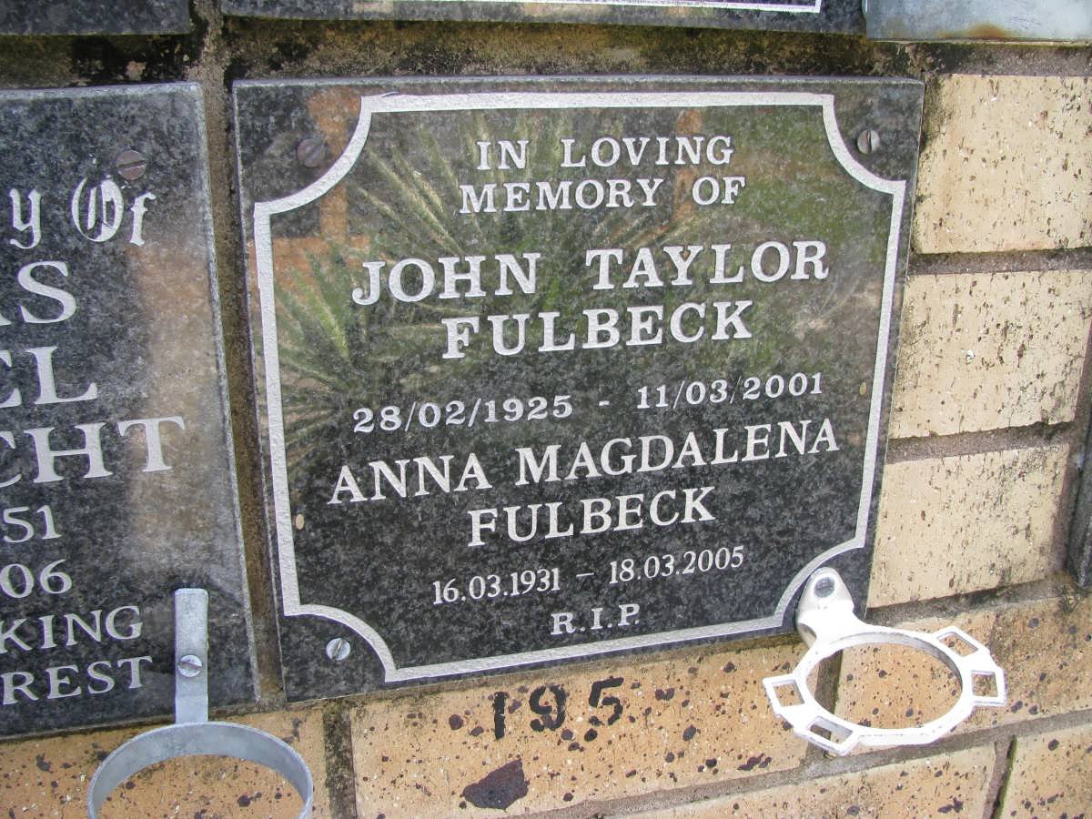 FULBECK John Taylor 1925-2001 &amp; Anna Magdalena 1931-2005