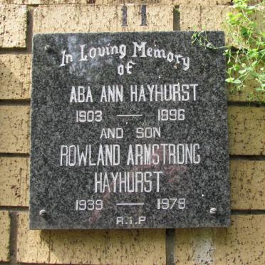 HAYHURST Rowland Armstron 1939-1978 &amp; Aba Ann 1903-1996