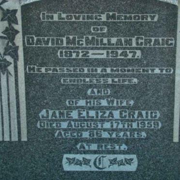 CRAIG David McMillan 1872-1947 &amp; Jane Eliza -1959