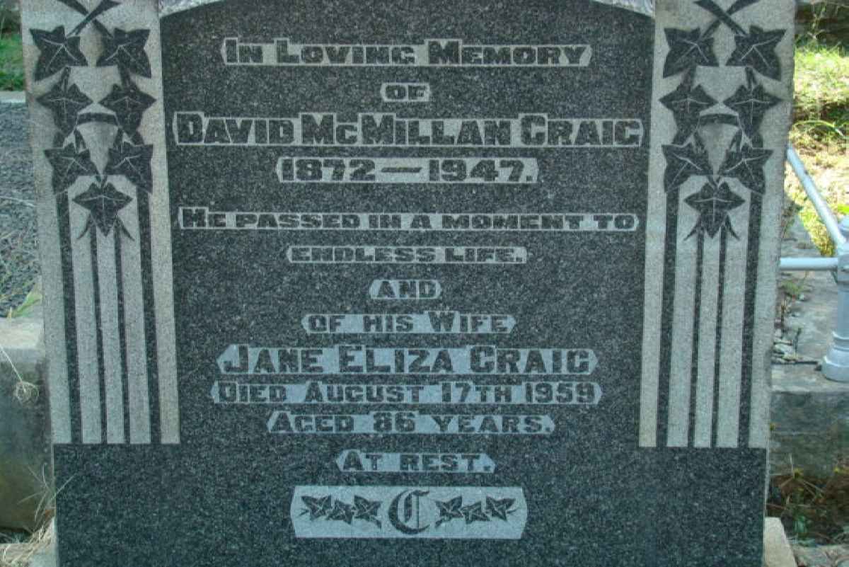 CRAIG David McMillan 1872-1947 &amp; Jane Eliza -1959