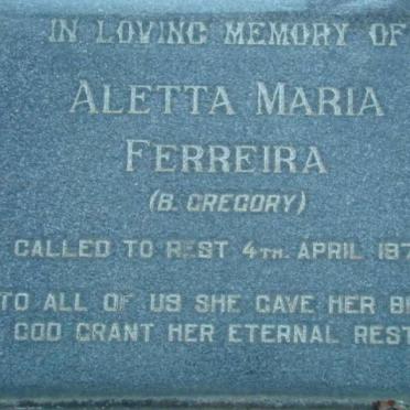 FERREIRA Aletta Maria nee GREGORY -1970